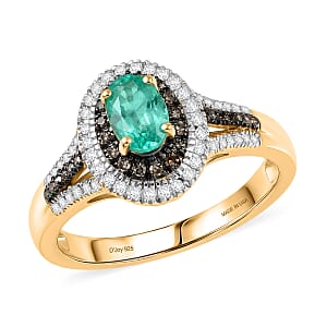 D'Joy Boyaca Colombian Emerald, Natural Champagne and White Diamond (0.37 cts) Ring in 18K Vermeil YG Over Sterling Silver (Size 6.0) 0.85 ctw