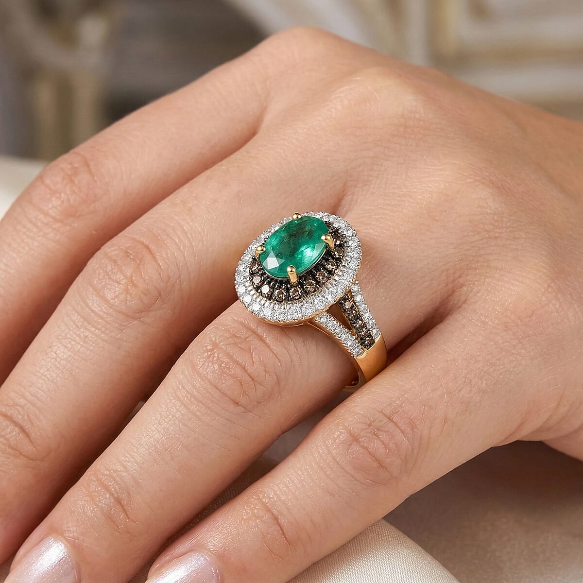 D'Joy Boyaca Colombian Emerald, Natural Champagne and White Diamond (0.37 cts) Ring in 18K Vermeil YG Over Sterling Silver (Size 6.0) 0.85 ctw image number 2