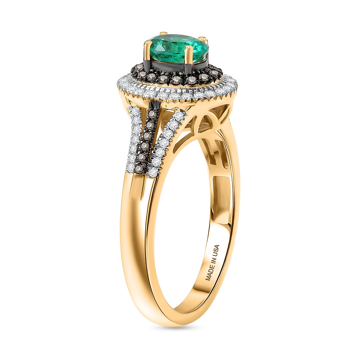 D'Joy Boyaca Colombian Emerald, Natural Champagne and White Diamond 0.85 ctw Green Fire Majesty Ring in 18K Vermeil Yellow Gold Over Sterling Silver (Size 7.0) image number 3