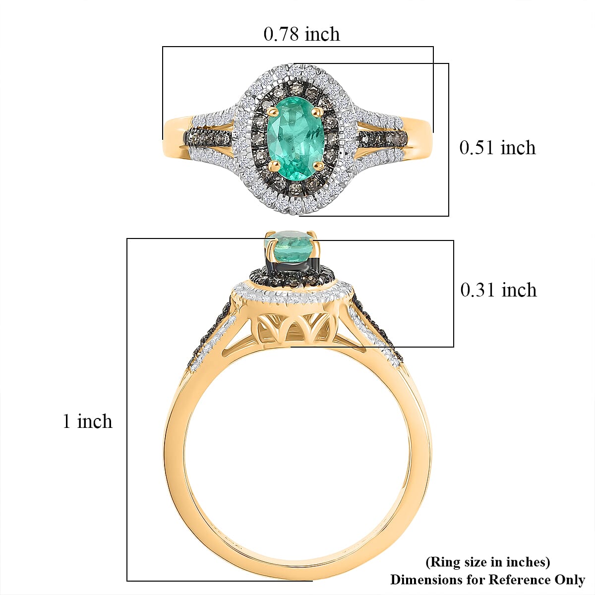 D'Joy Boyaca Colombian Emerald, Natural Champagne and White Diamond 0.85 ctw Green Fire Majesty Ring in 18K Vermeil Yellow Gold Over Sterling Silver (Size 7.0) image number 5