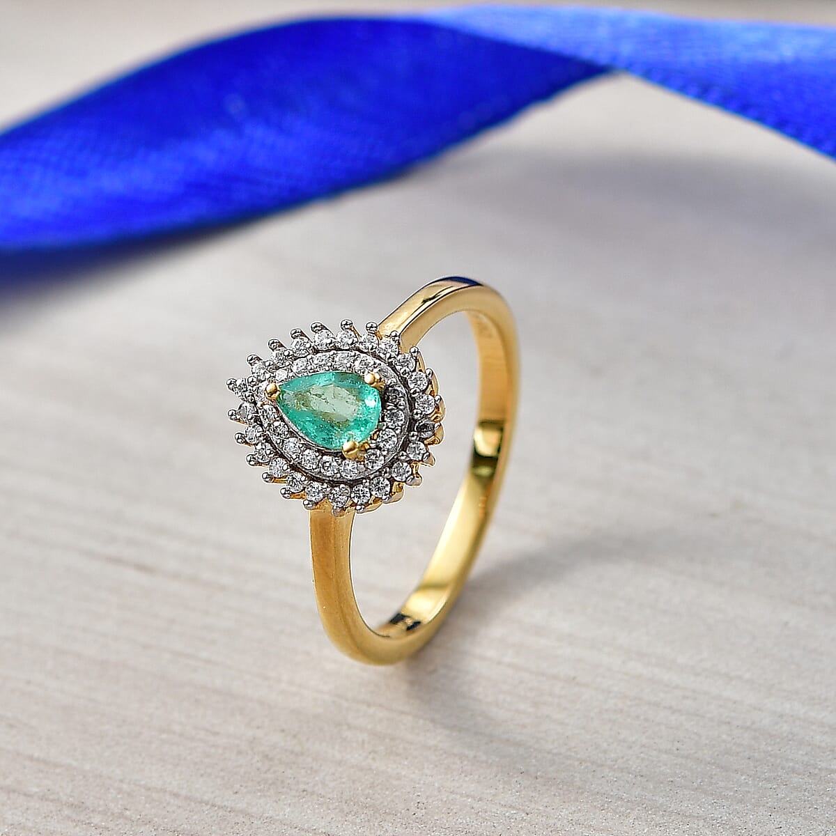 D'Joy Boyaca Colombian Emerald and Moissanite 0.65 ctw Pear Crown Halo Ring in 18K Vermeil Yellow Gold Over Sterling Silver (Size 6.0) image number 1