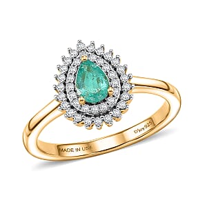 D'Joy Boyaca Colombian Emerald and Moissanite 0.65 ctw Pear Crown Halo Ring in 18K Vermeil Yellow Gold Over Sterling Silver (Size 8.0)