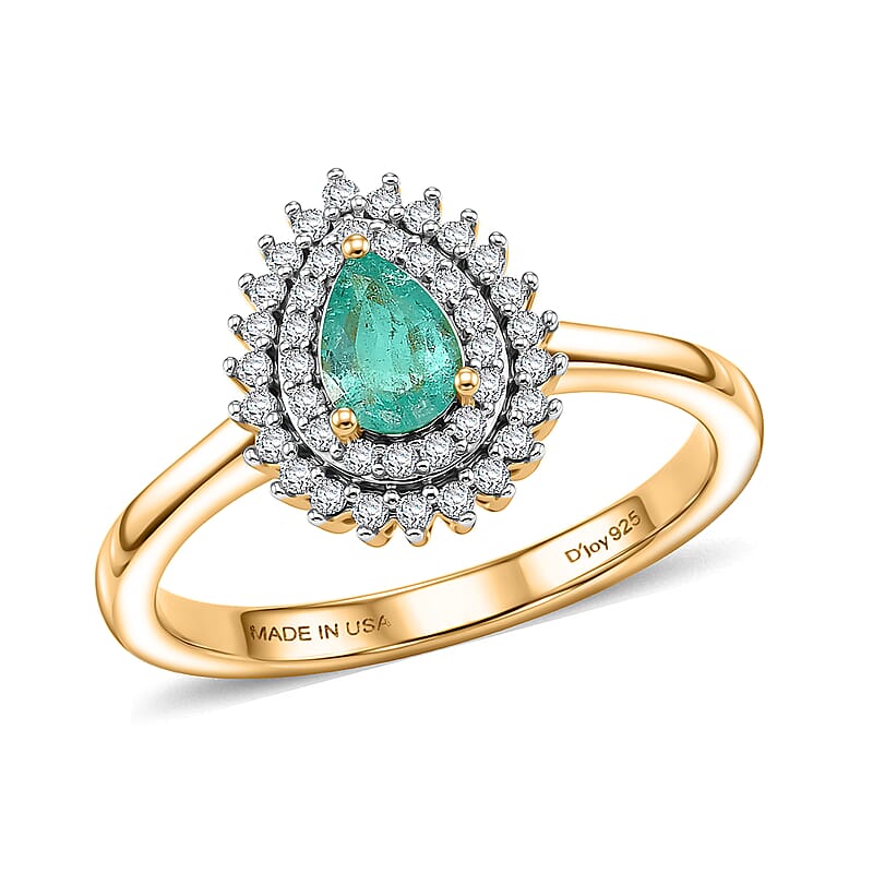 D'Joy Boyaca Colombian Emerald and Moissanite 0.65 ctw Pear Crown Halo Ring in 18K Vermeil Yellow Gold Over Sterling Silver (Size 8.0)
