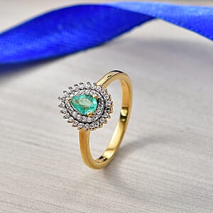 D'Joy Boyaca Colombian Emerald and Moissanite 0.65 ctw Pear Crown Halo Ring in 18K Vermeil Yellow Gold Over Sterling Silver (Size 8.0)