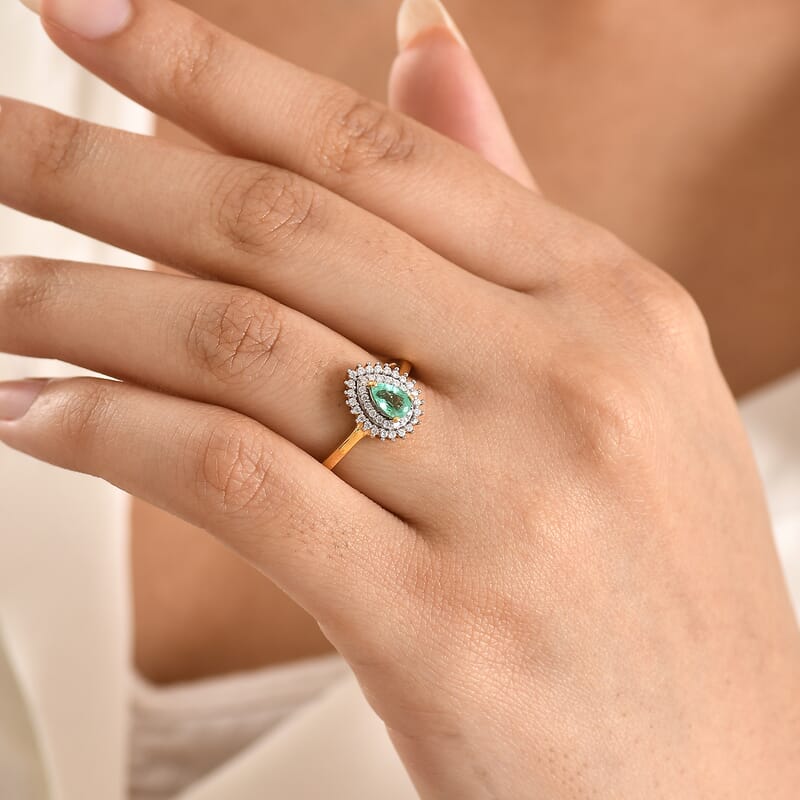 D'Joy Boyaca Colombian Emerald and Moissanite 0.65 ctw Pear Crown Halo Ring in 18K Vermeil Yellow Gold Over Sterling Silver (Size 8.0)