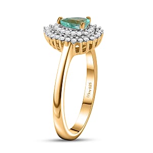 D'Joy Boyaca Colombian Emerald and Moissanite 0.65 ctw Pear Crown Halo Ring in 18K Vermeil Yellow Gold Over Sterling Silver (Size 8.0)