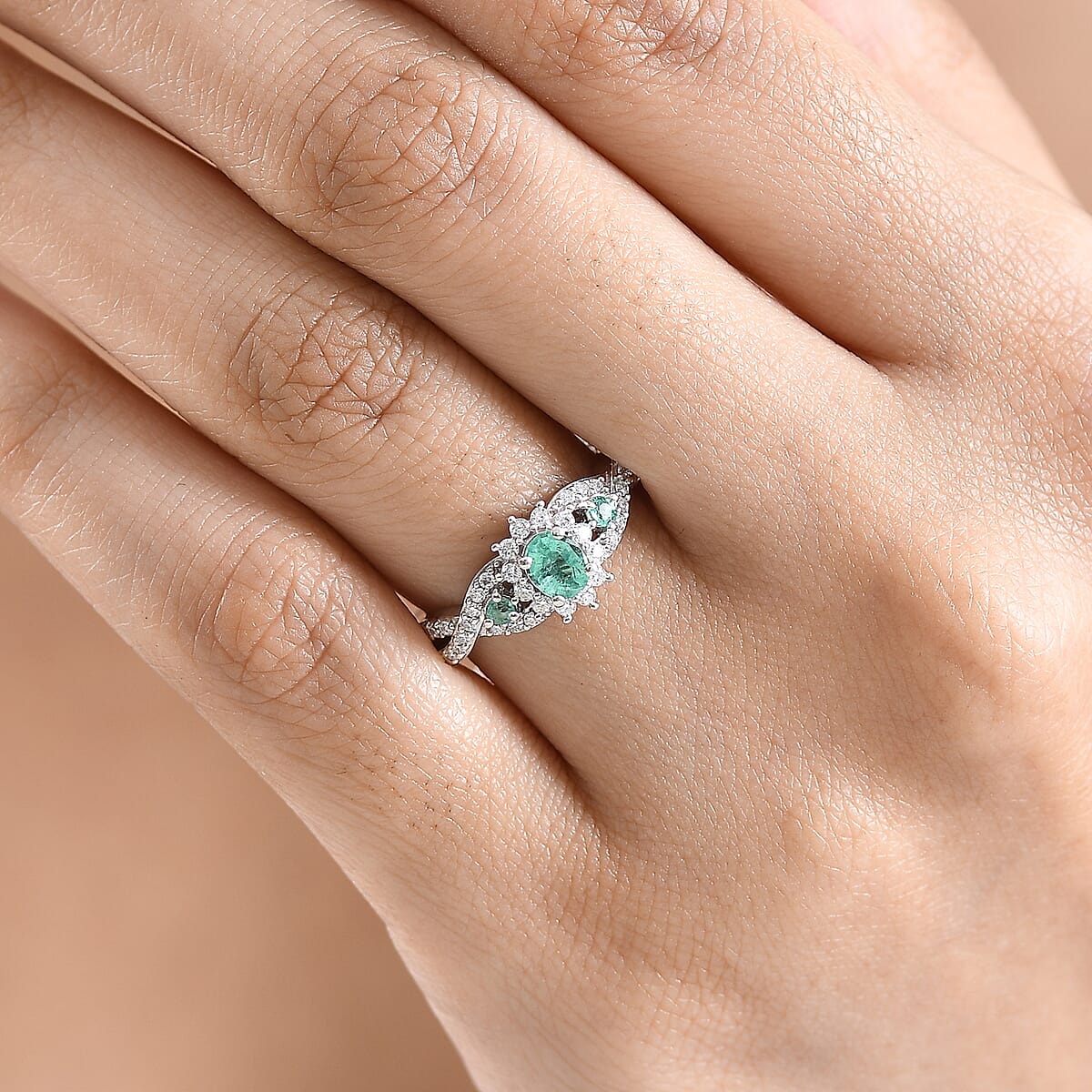 D'Joy Boyaca Colombian Emerald and Moissanite 0.70 ctw Bloom Brilliance Ring in Rhodium Over Sterling Silver (Size 6.0) (Del. In 8-10 Days) image number 2