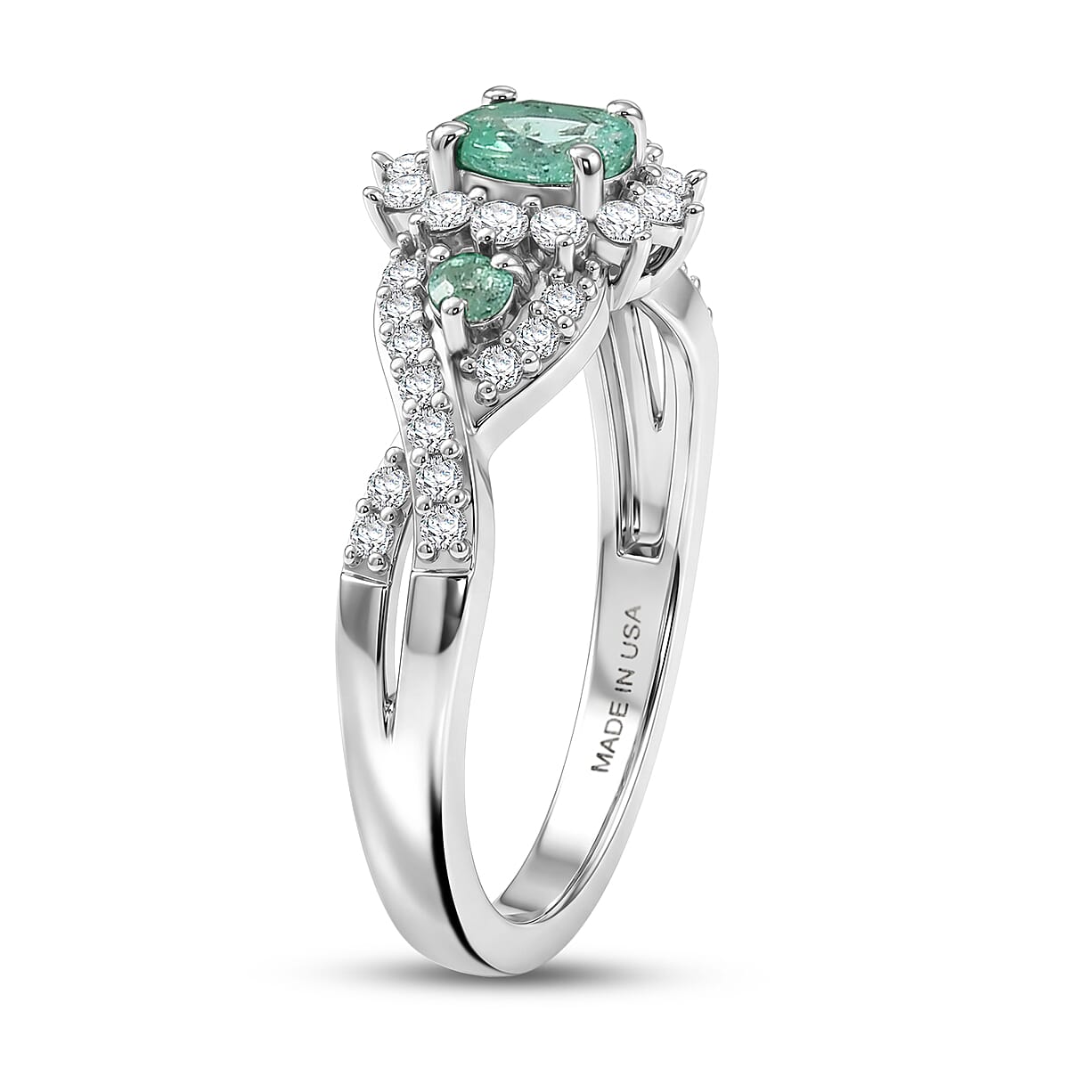 D'Joy Boyaca Colombian Emerald and Moissanite 0.70 ctw Bloom Brilliance Ring in Rhodium Over Sterling Silver (Size 6.0) (Del. In 8-10 Days) image number 3