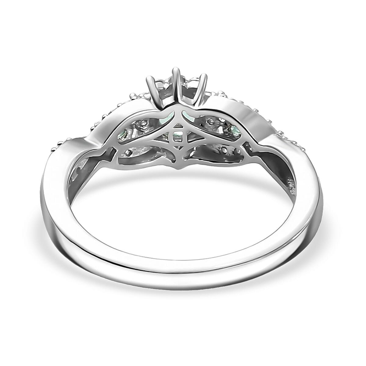 D'Joy Boyaca Colombian Emerald and Moissanite 0.70 ctw Bloom Brilliance Ring in Rhodium Over Sterling Silver (Size 6.0) (Del. In 8-10 Days) image number 4