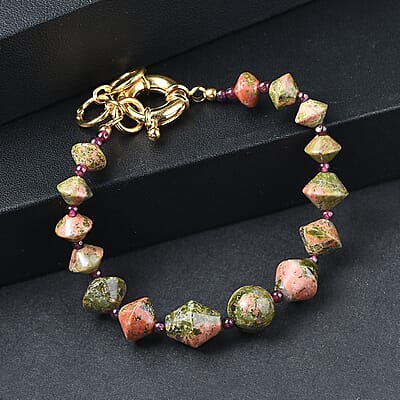EverTrue Mozambique Garnet and Unakite 63.00 ctw Bracelet in 18K YG Plated (7.25 In)
