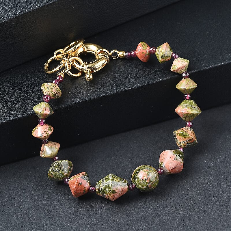 EverTrue Mozambique Garnet and Unakite 63.00 ctw Bracelet in 18K YG Plated (7.25 In)