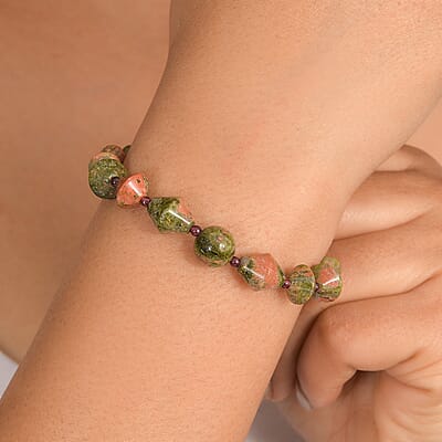 EverTrue Mozambique Garnet and Unakite 63.00 ctw Bracelet in 18K YG Plated (7.25 In)