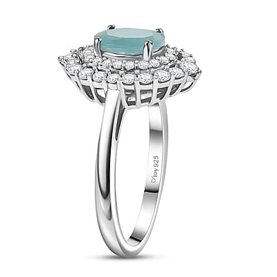 D'Joy Premium Grandidierite and Moissanite 1.85 ctw Ocean Crown Halo Ring in Rhodium Over Sterling Silver (Size 6.0)
