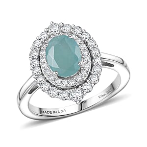 D'Joy Premium Grandidierite and Moissanite 1.85 ctw Ocean Crown Halo Ring in Rhodium Over Sterling Silver (Size 7.0)