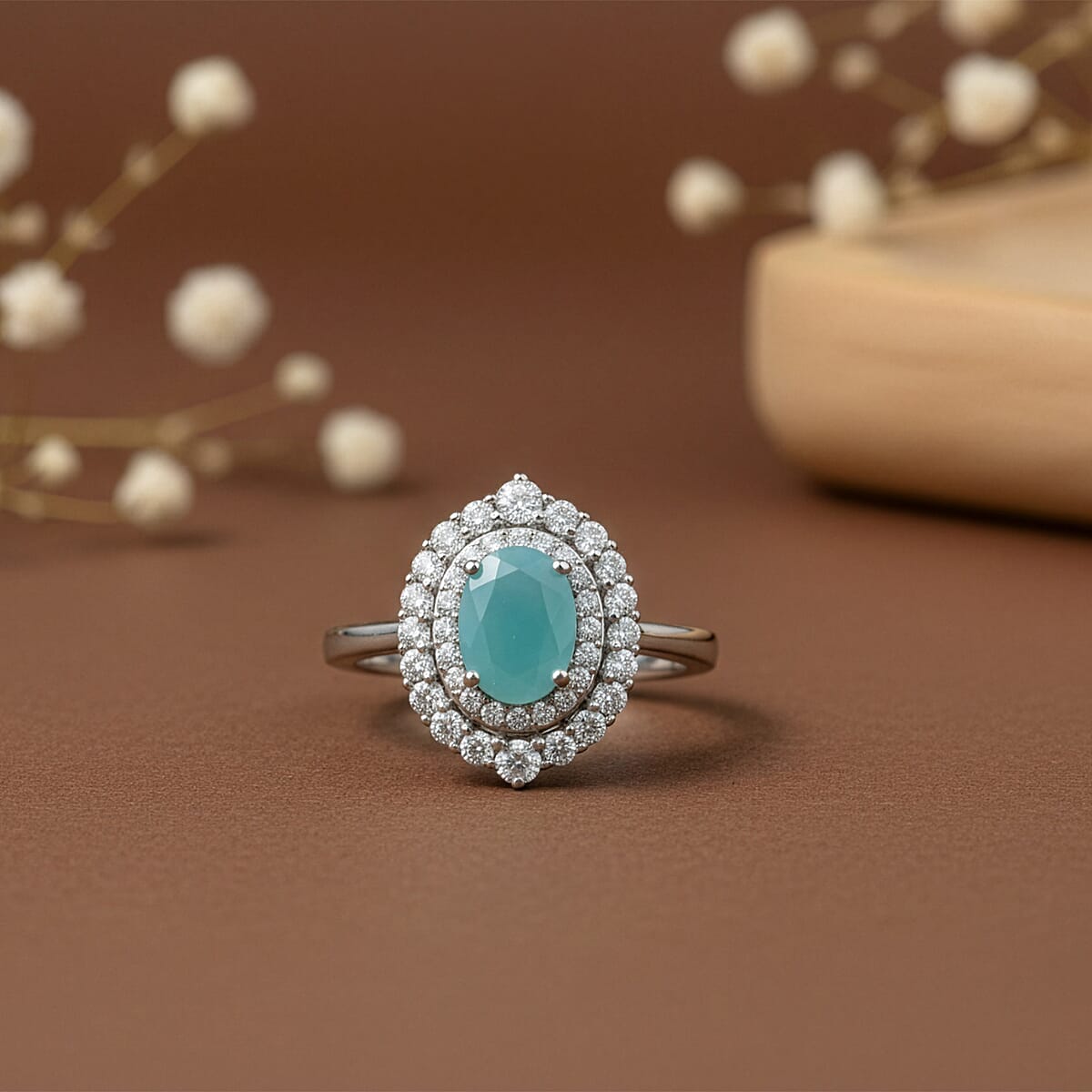 D'Joy Premium Grandidierite and Moissanite 1.85 ctw Ocean Crown Halo Ring in Rhodium Over Sterling Silver (Size 7.0) image number 1