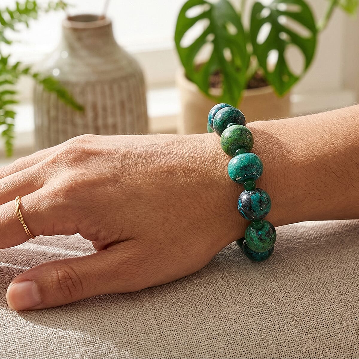 Green Aventurine and Azurite 355.00 ctw Beaded Stretch Bracelet image number 2