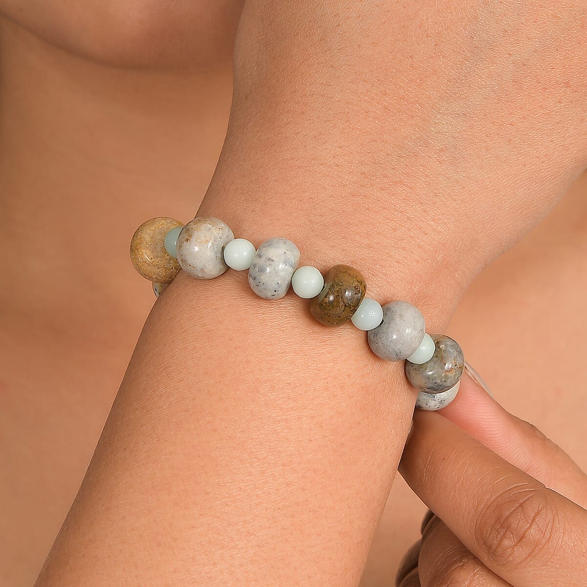 Amazonite and Moss Agate 186.00 ctw Beaded Stretch Bracelet image number 2