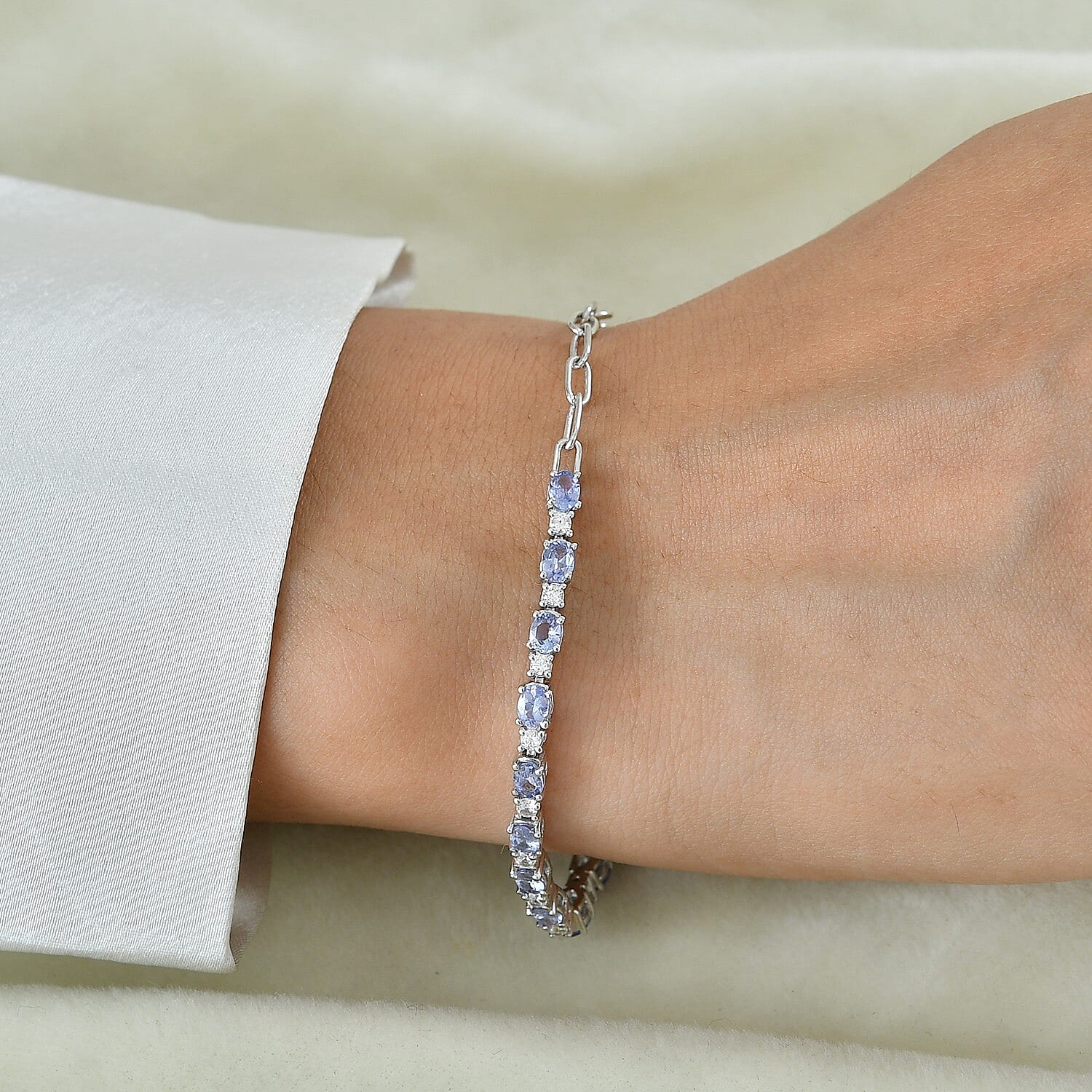 EverTrue Tanzanite and White Zircon 3.40 ctw Bracelet in Platinum Bond (6.50-8.50In)