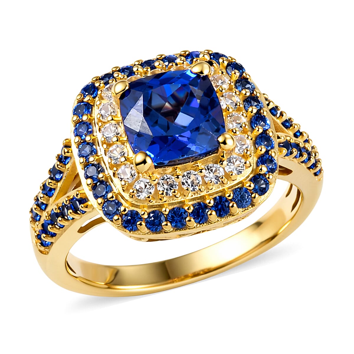 EverTrue Lab Created Blue and White Sapphire 3.85 ctw Royal Double Halo Ring in 18K YG Plated (Size 7.0)