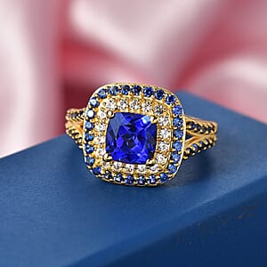 EverTrue Lab Created Blue and White Sapphire 3.85 ctw Royal Double Halo Ring in 18K YG Plated (Size 7.0)
