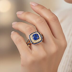 EverTrue Lab Created Blue and White Sapphire 3.85 ctw Royal Double Halo Ring in 18K YG Plated (Size 7.0)