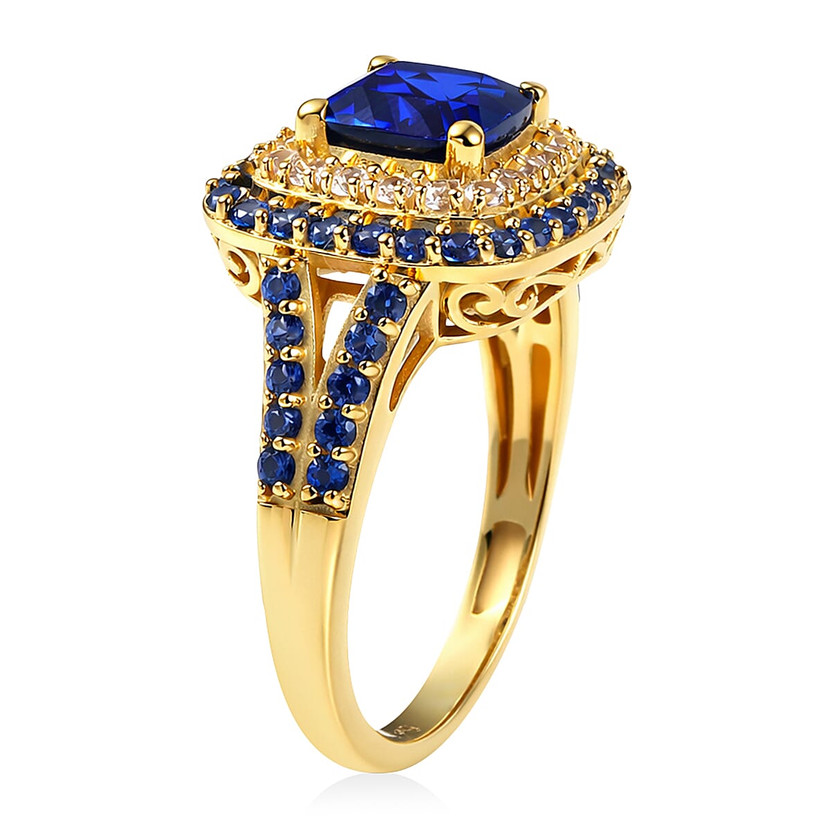 EverTrue Lab Created Blue and White Sapphire 3.85 ctw Royal Double Halo Ring in 18K YG Plated (Size 7.0)
