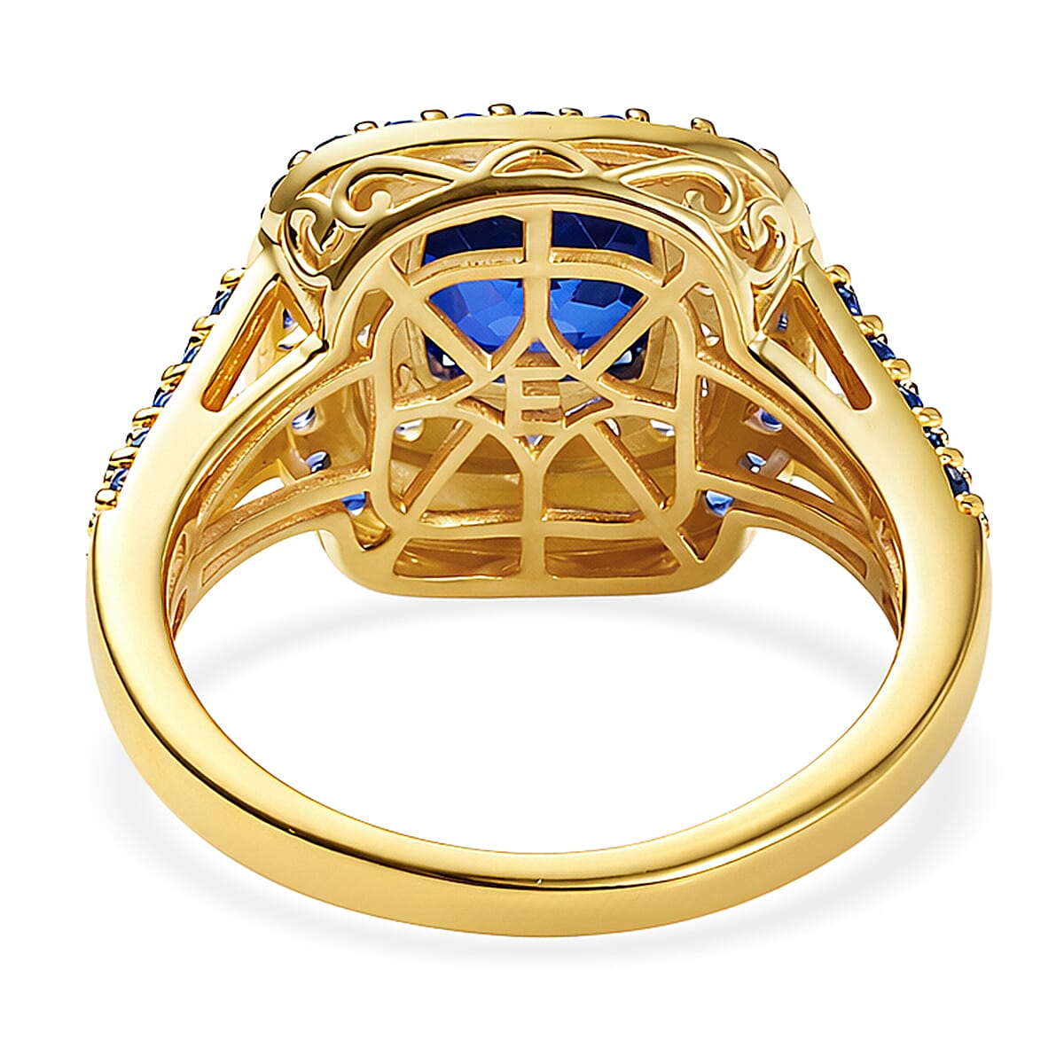 EverTrue Lab Created Blue and White Sapphire 3.85 ctw Royal Double Halo Ring in 18K YG Plated (Size 7.0) image number 4