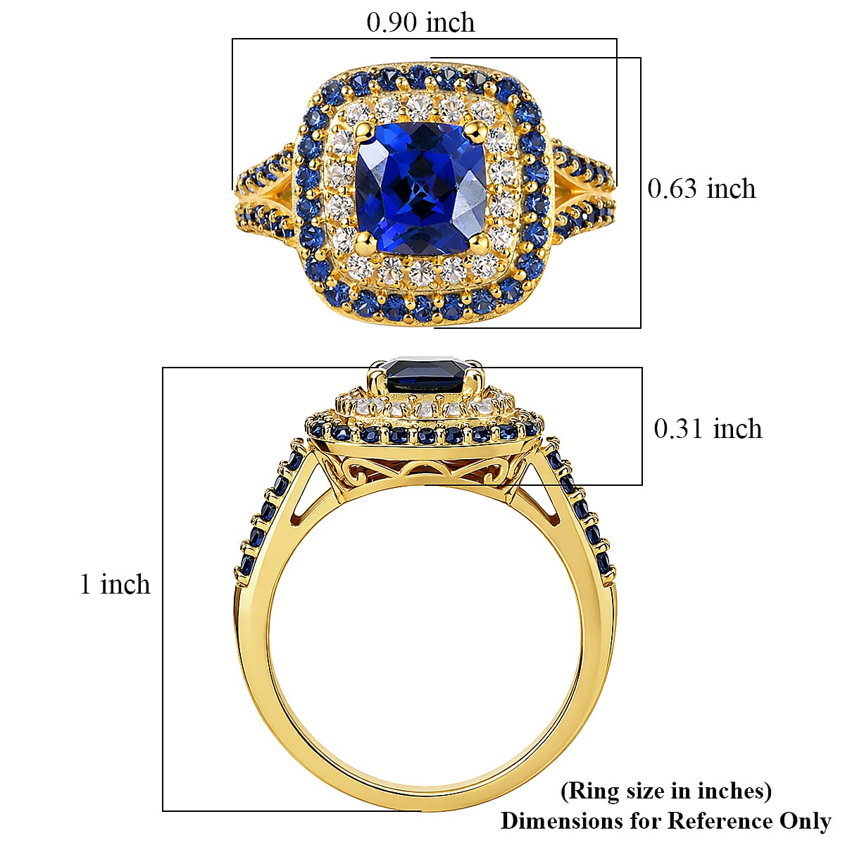 EverTrue Lab Created Blue and White Sapphire 3.85 ctw Royal Double Halo Ring in 18K YG Plated (Size 7.0)