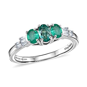 D'Joy Boyaca Colombian Emerald and Diamond 0.60 ctw Triple Flame Ring in Rhodium Over Sterling Silver (Size 8.0)