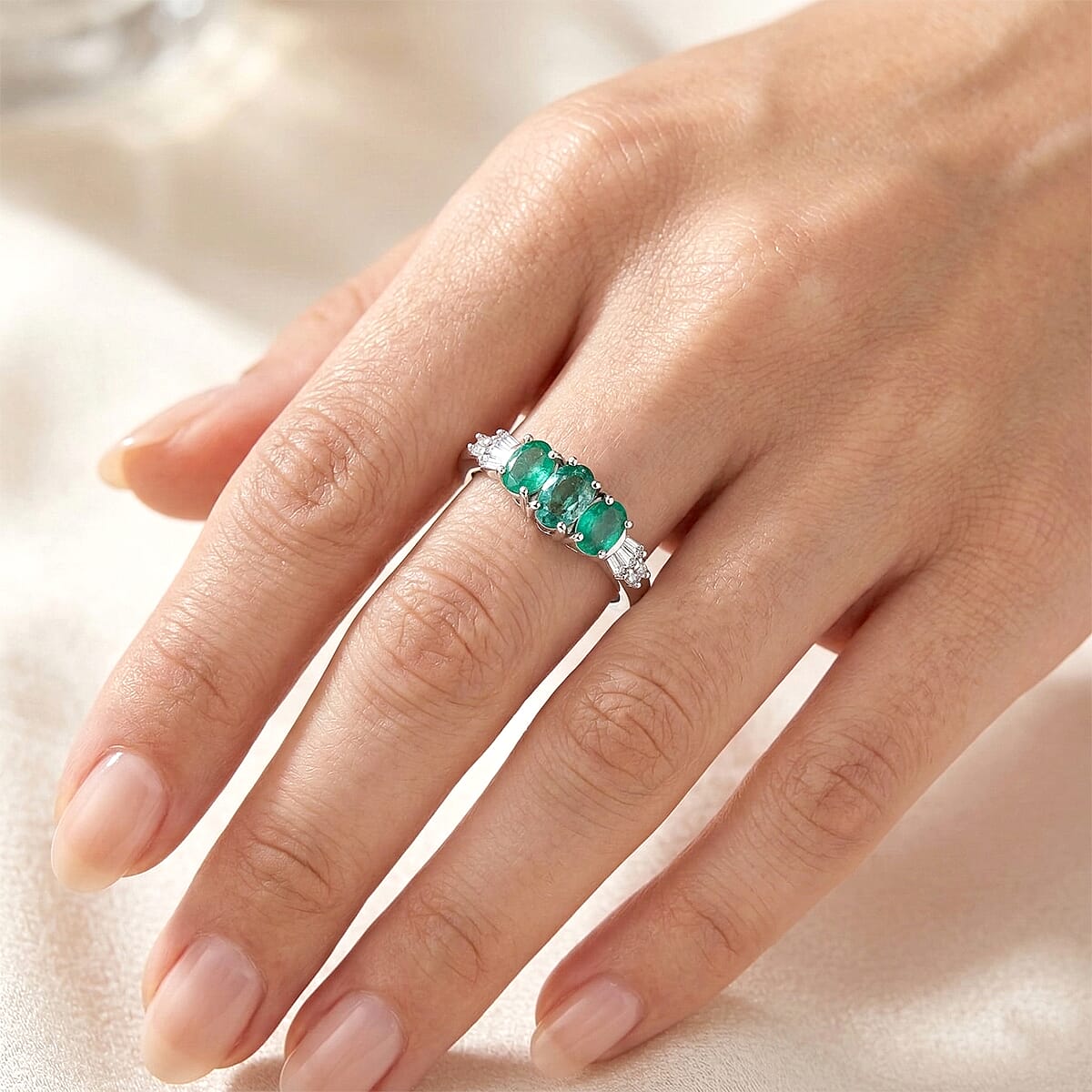 D'Joy Boyaca Colombian Emerald and Diamond 0.60 ctw Triple Flame Ring in Rhodium Over Sterling Silver (Size 8.0) (Del. In 8-10 Days) image number 2