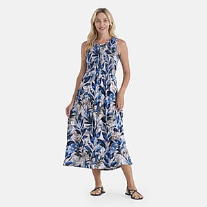 LA Marey Blue Leaf Pattern Double Knit Brushed Maxi Dress - One Size Fits Most