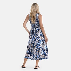LA Marey Blue Leaf Pattern Double Knit Brushed Maxi Dress - One Size Fits Most
