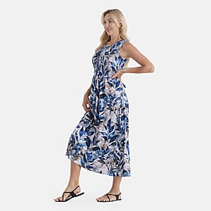 LA Marey Blue Leaf Pattern Double Knit Brushed Maxi Dress - One Size Fits Most