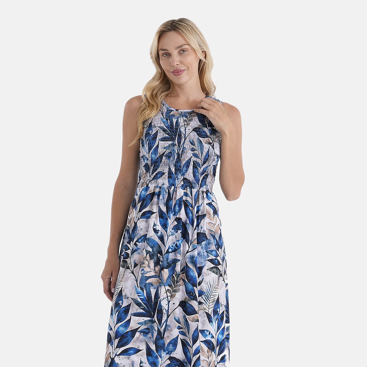 LA Marey Blue Leaf Pattern Double Knit Brushed Maxi Dress - One Size Fits Most image number 4