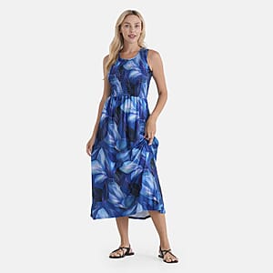 LA Marey Blue Floral Double Knit Brushed Maxi Dress - One Size Fits Most