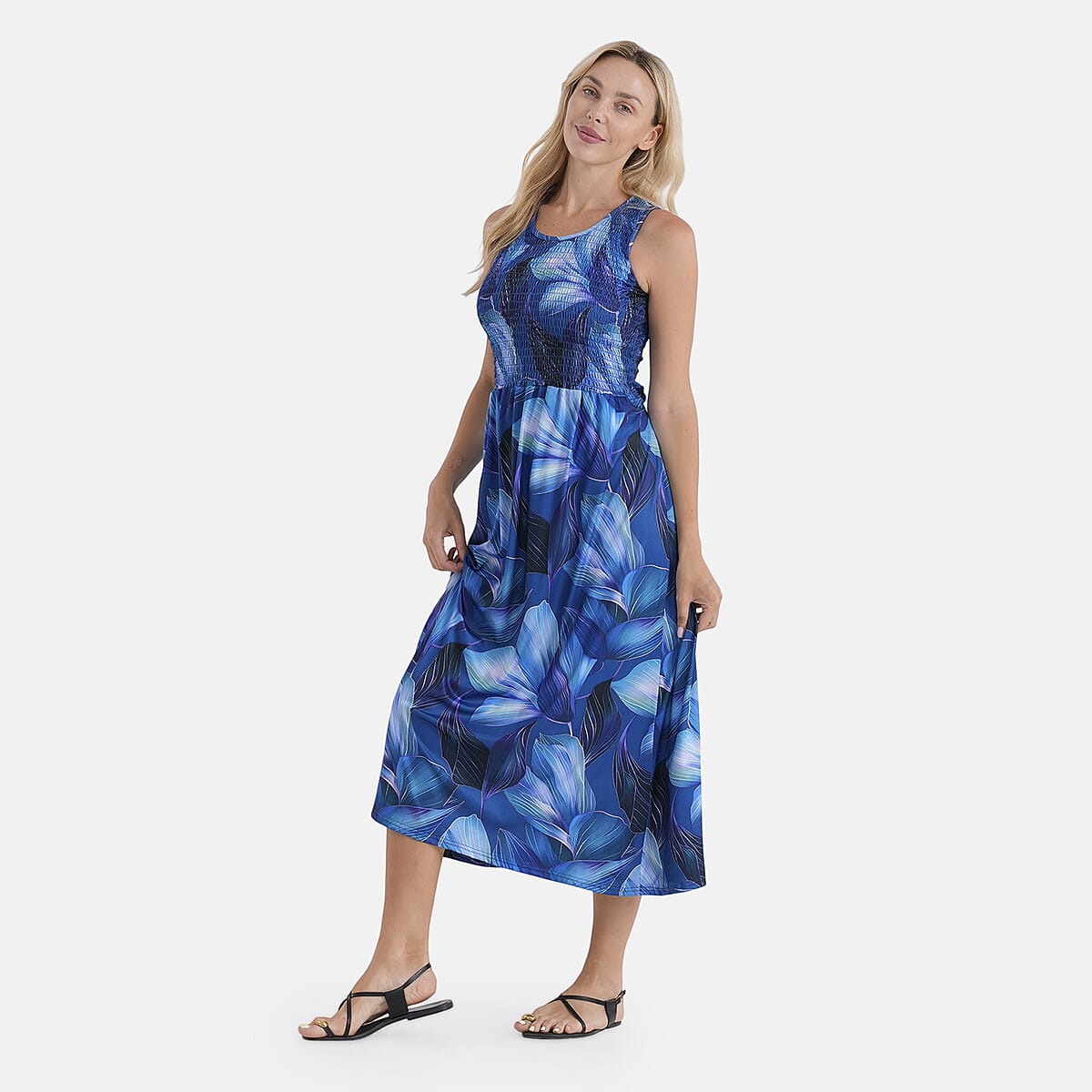 LA Marey Blue Floral Double Knit Brushed Maxi Dress - One Size Fits Most image number 3
