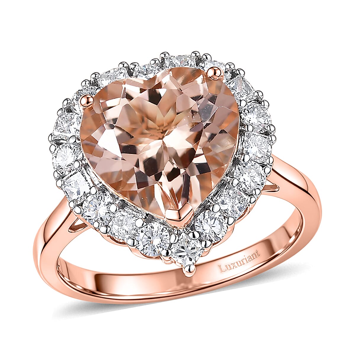 10K Rose Gold AAA Marropino Morganite, Luxuriant Lab Grown Diamond (G-H, SI) Heart Ring (Size 9.0) 4.86 ctw