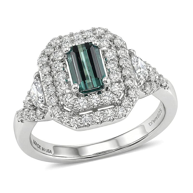 Certified & Appraised D'Joy Pirineu Lagoon Tourmaline and Moissanite 1.60 ctw Ring in Rhodium Over Sterling Silver (Size 6.0)