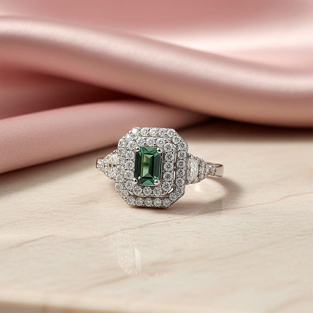 Certified & Appraised D'Joy Pirineu Lagoon Tourmaline and Moissanite 1.60 ctw Ring in Rhodium Over Sterling Silver (Size 6.0) image number 1