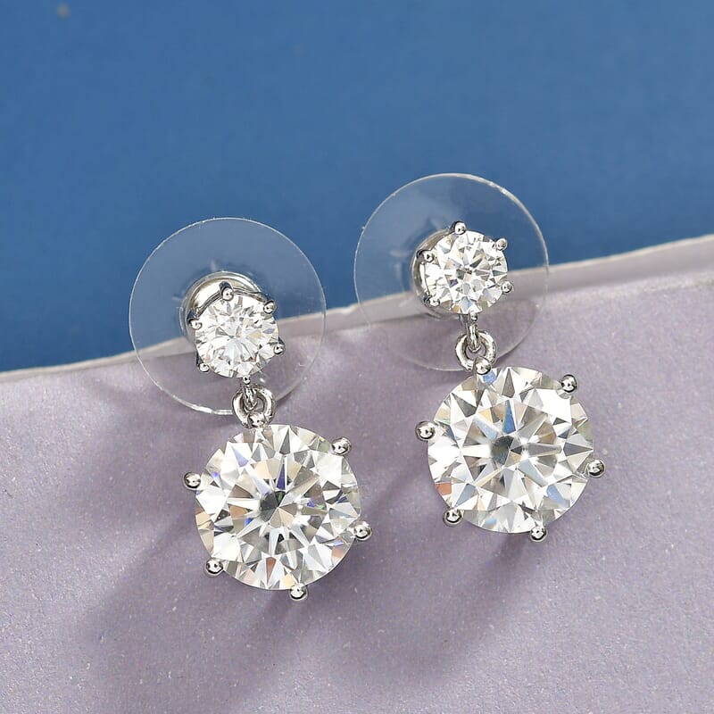 D'Joy Moissanite 7.85 ctw Sparkle Dewdrop Earrings in Rhodium Over Sterling Silver