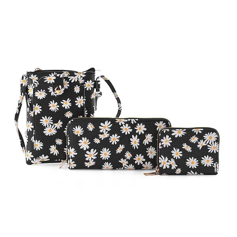 La Marey Black Daisy Print 3pcs Crossbody Gifts Set -Crossbody Bag, RFID Wallet and RFID Card Holder