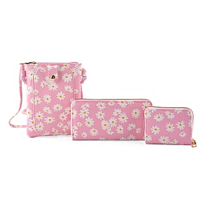 La Marey Pink Daisy Print 3pcs Wallet Gifts Set - Crossbody Bag, Wallet and Card Holder