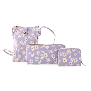 La Marey Purple Daisy Print 3pcs Wallet Gifts Set - Crossbody Bag, Wallet and Card Holder