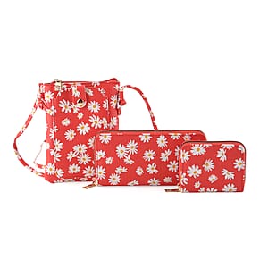 La Marey Red Daisy Print 3pcs Wallet Gifts Set - Crossbody Bag, Wallet and Card Holder