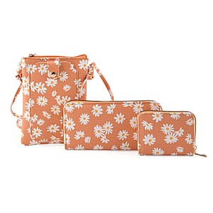 La Marey Orange Daisy Print 3pcs Wallet Gifts Set - Crossbody Bag, Wallet and Card Holder