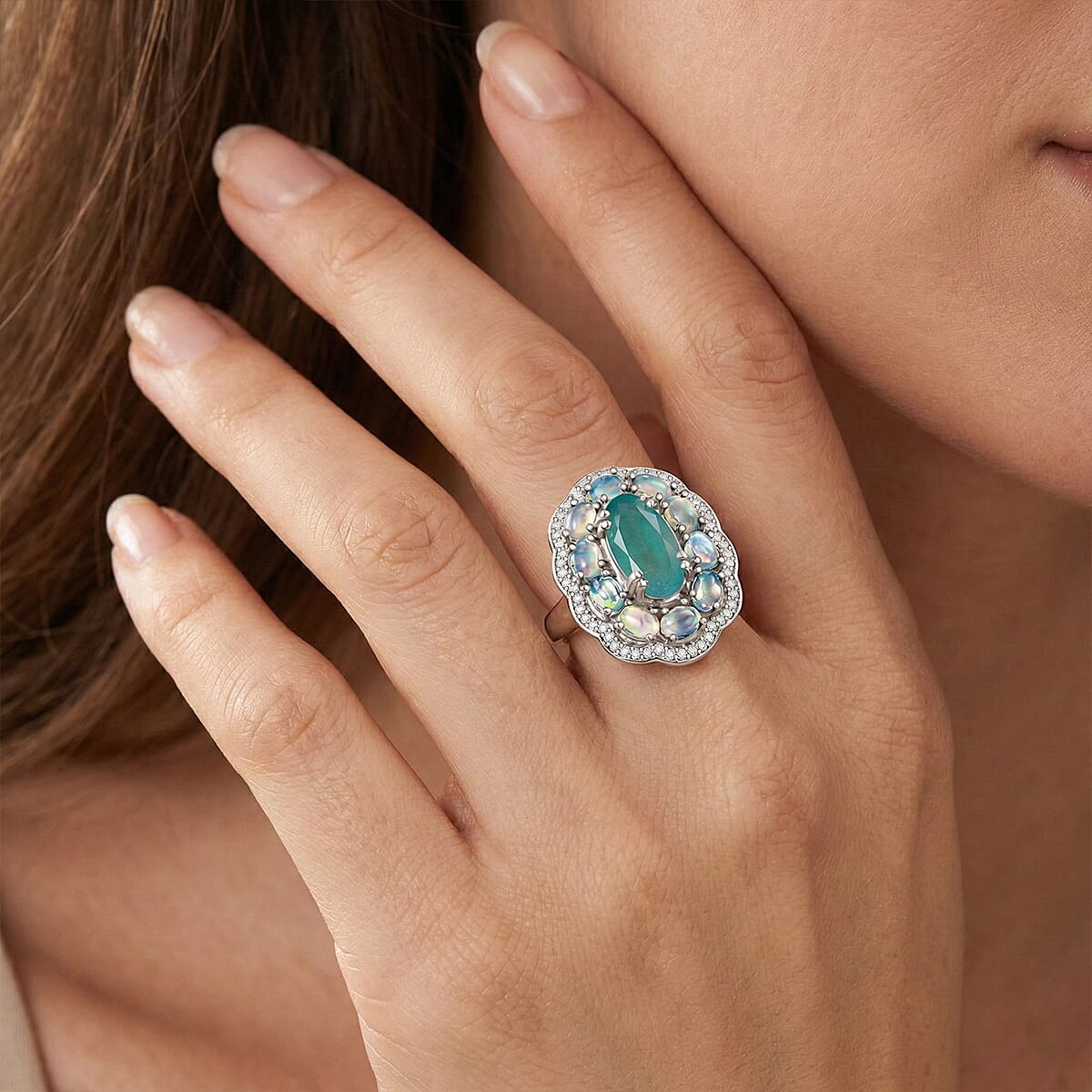 D'Joy Premium Grandidierite and Multi Gemstone 3.60 ctw The Empress Halo Ring in Rhodium Over Sterling Silver (Size 10.0) image number 2