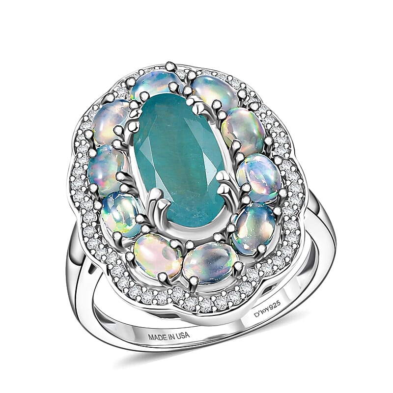 D'Joy Premium Grandidierite and Multi Gemstone 3.60 ctw The Empress Halo Ring in Rhodium Over Sterling Silver (Size 8.0)