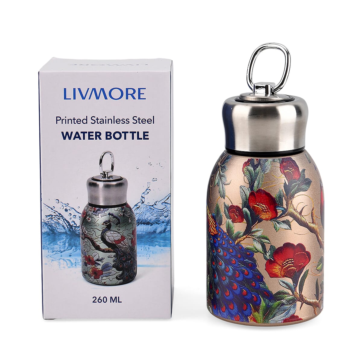 Livmore Peacock Pattern 260ml Double Wall Stainless Steel Water Bottle image number 7