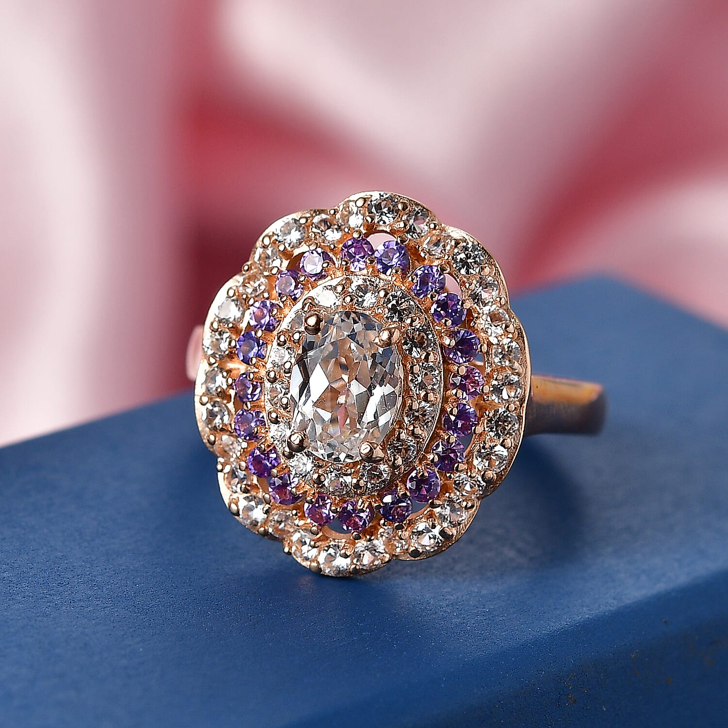 EverTrue Lab Created White and Purple Sapphire 2.35 ctw Royal Blush Halo Ring in 18K RG Plated (Size 6.0)