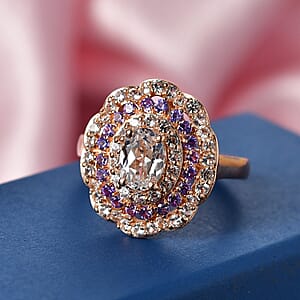 EverTrue Lab Created White and Purple Sapphire 2.35 ctw Royal Blush Halo Ring in 18K RG Plated (Size 6.0)
